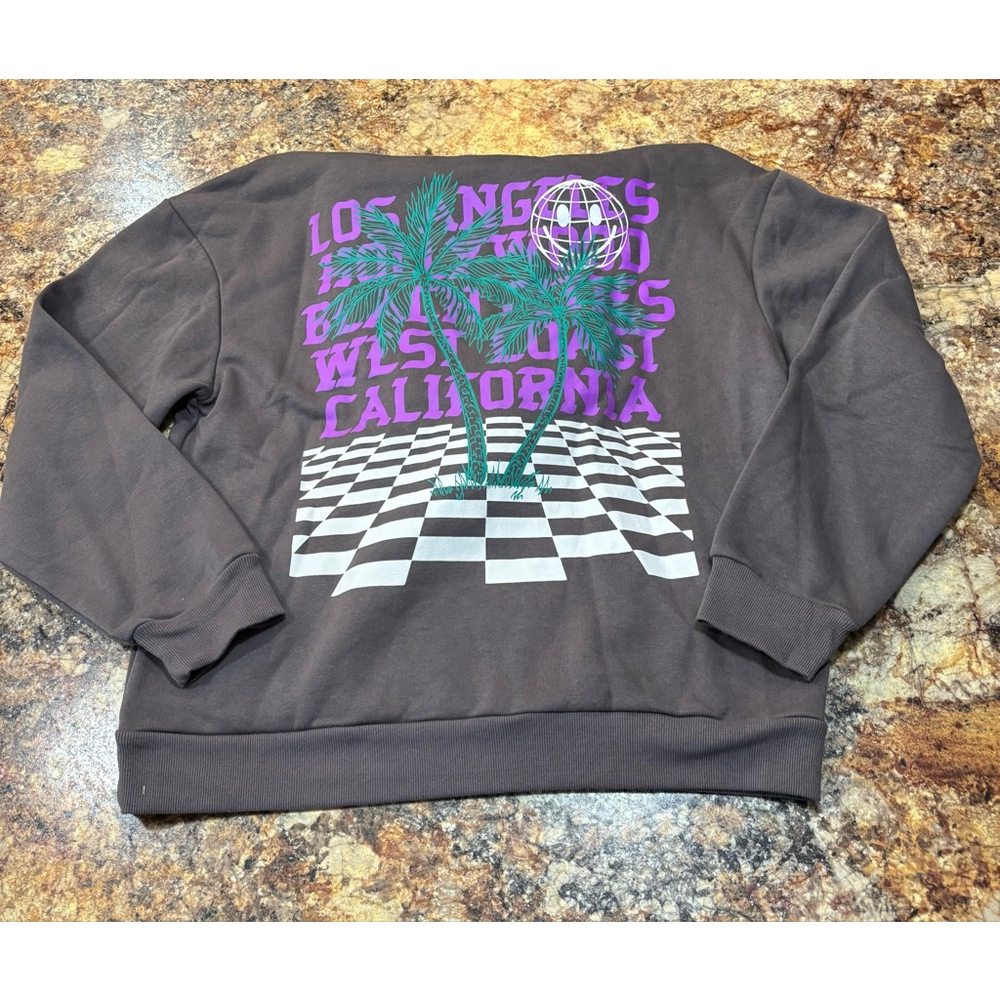Hybrid Apparel “Los Angeles California” Palm Trees Checkerboard Crewneck